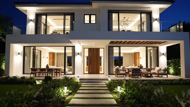 Modern two story house at night perfect for scenic backgrounds and natural storytelling