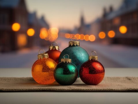 Colorful ornaments on a table during winter evening sunset