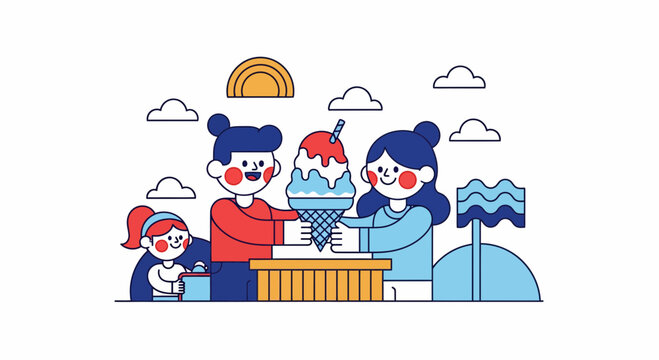 Happy women and child share large colorful cold sweet shaved ice dessert treat outdoors summer day