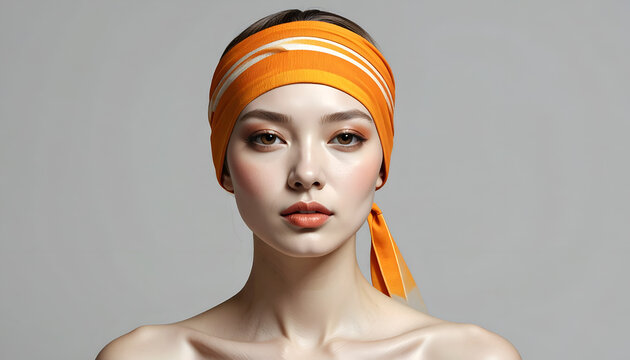 Elegant Woman with Orange Headscarf and Bold Makeup.