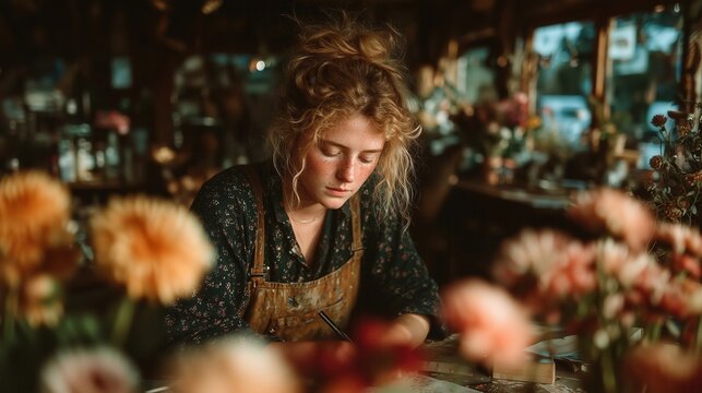 Young woman works on art project in cozy flower shop