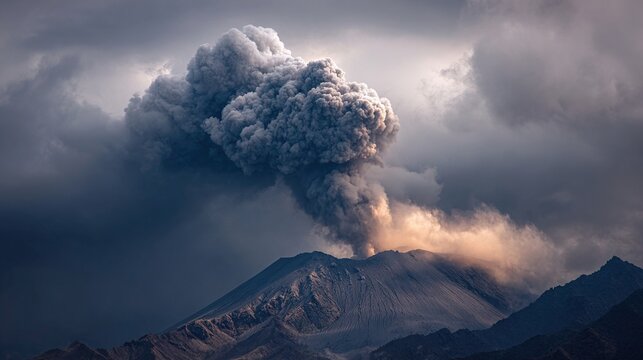 expelled. A distant volcano erupting, plume of dark smoke and ash in a grey sky. ESG reports, sustainability campaigns, designed for environmental awareness campaigns, used by sports marketers.