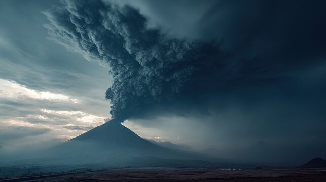 expelled. A distant volcano erupting, plume of dark smoke and ash in a grey sky. ESG reports, sustainability campaigns, designed for environmental awareness campaigns, used by sports marketers.