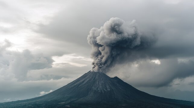 expelled. A distant volcano erupting, plume of dark smoke and ash in a grey sky. ESG reports, sustainability campaigns, designed for environmental awareness campaigns, used by sports marketers.