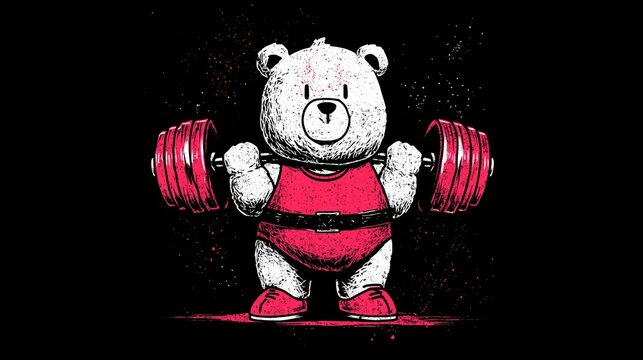 Strong Teddy Bear in Workout Gear Deadlifting Barbell Cartoon Vector Design