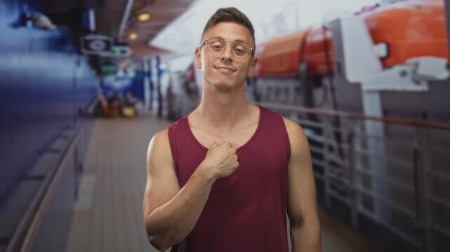 Man touching his chest and smiling, wearing glasses and a tanktop on a ship deck with lifeboat and railing visible inside a building corridor; confidence pride ease.