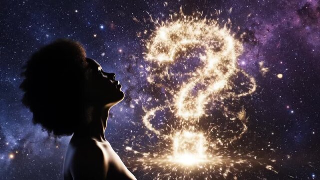 Silhouette of woman with question mark in space emphasizing modern aesthetics and minimalist design