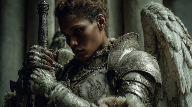 Majestic Dark Angel Warrior Ready for Battle in Moody Cathedral Setting
