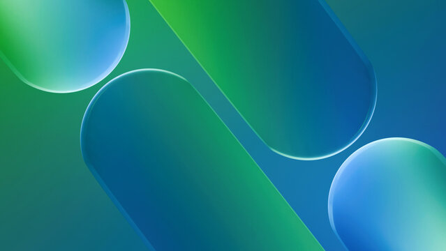 Modern abstract background with layered semi transparent capsule shapes, green blue gradient, glass like transparency, reflections, and soft blur in a futuristic 3D geometric composition