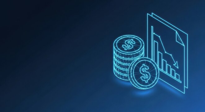 Glowing neon wireframe coins and financial graph symbolizing investment growth and economic success on a dark background