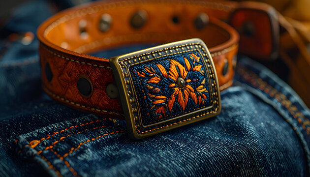 Close-up of a vintage ornate belt buckle on a leather belt and denim fabric.