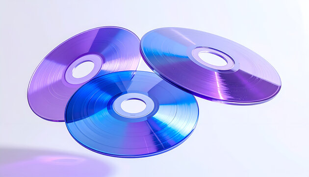 Three iridescent CDs or DVDs reflecting blue and purple light.