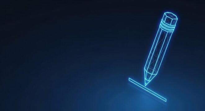 Futuristic neon blue digital pen drawing on a dark background, representing creative concept and technological innovation