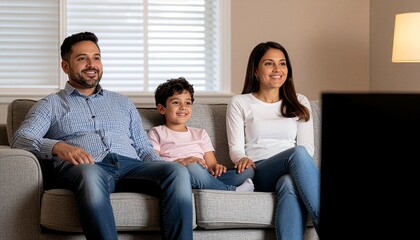 Obraz premium Smiling multi-ethnic family enjoying a cozy evening at home, relaxing on their living room sofa and watching television. Parents and child bonding