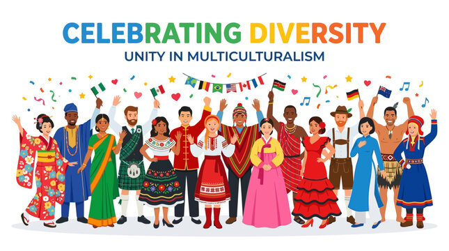 People from diverse cultures celebrating unity and multiculturalism together outdoors