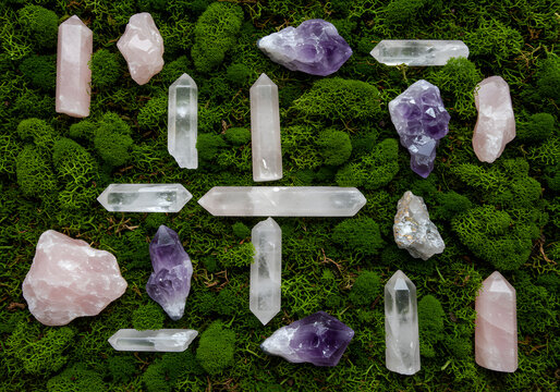 Crystals on moss background