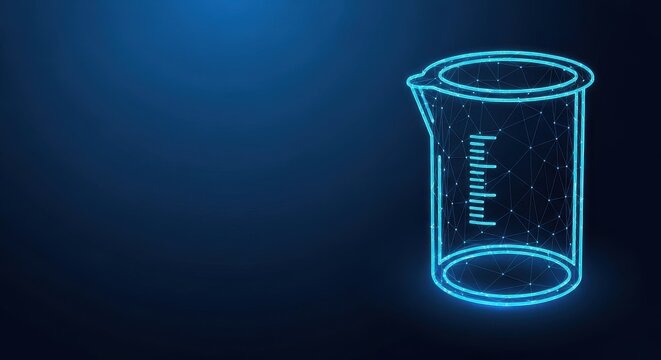 Glowing blue wireframe laboratory beaker with measurement markings on a dark digital background