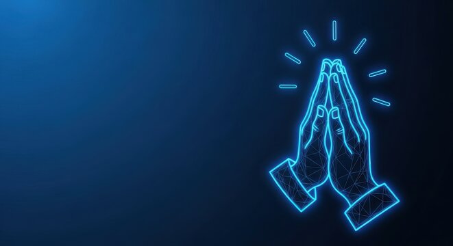 Glowing blue neon hands in prayer on a dark digital background representing faith and hope