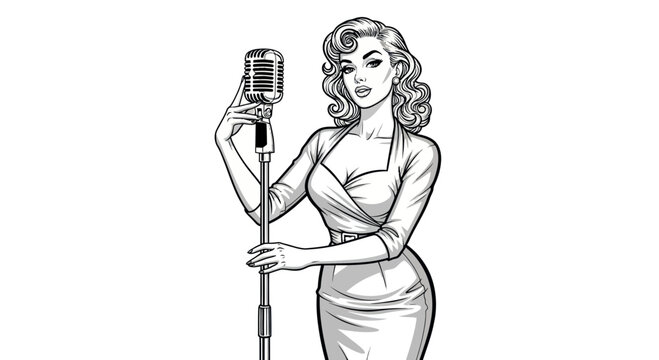 Retro Singer Woman with Vintage Microphone, Pin-up Style, Black and White Illustration