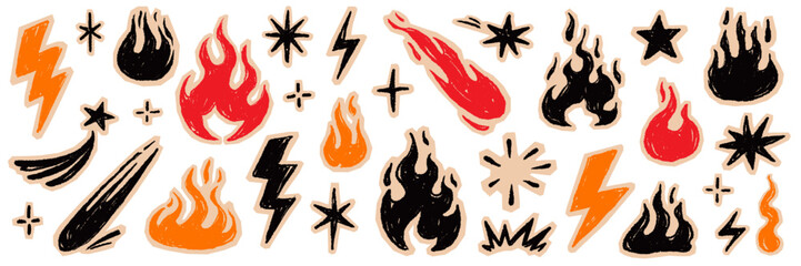 Fire flame icon doodle set. Hand drawn fire flame brush scribble grunge chalk texture shape graphic. Lightning bolt explosion energy blast power sticker rock burst. Vector illustration © Polina Tomtosova