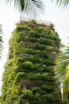 Building with lush green vertical gardens in city, eco-friendly house filled with exotic greenery, apartment building with growing plants cascading from outdoor balconies, sustainable living design.