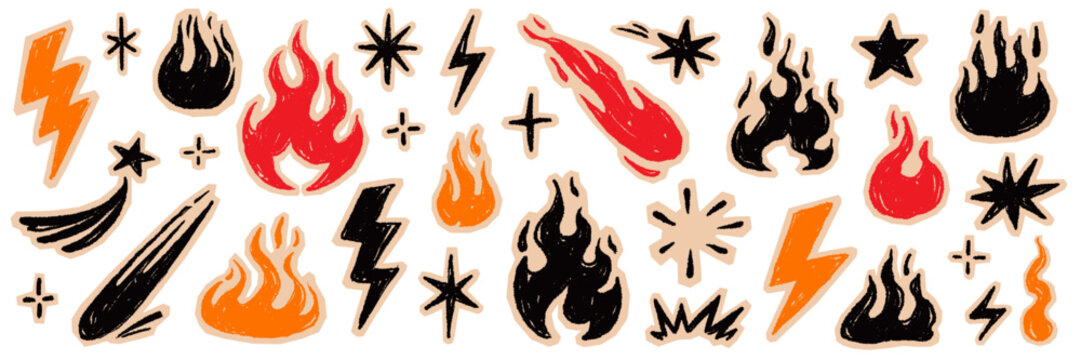 Fire flame icon doodle set. Hand drawn fire flame brush scribble grunge chalk texture shape graphic. Lightning bolt explosion energy blast power sticker rock burst. Vector illustration