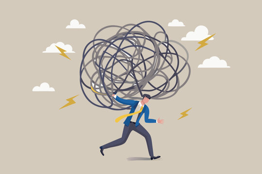 man carrying tangled mess of lines illustration on beige background