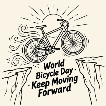 World Bicycle Day illustration with bicycle jumping off cliff