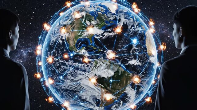 Two men facing a glowing globe symbolizing digital transformation and future innovation