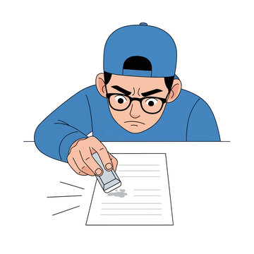 angry student, frustrated teenager, writing, cheating, exam stress, cartoon boy