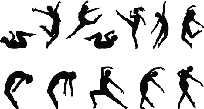 Dynamic dance silhouettes collection featuring jumping dancers yoga poses stretching and contemporary movement isolated vector set