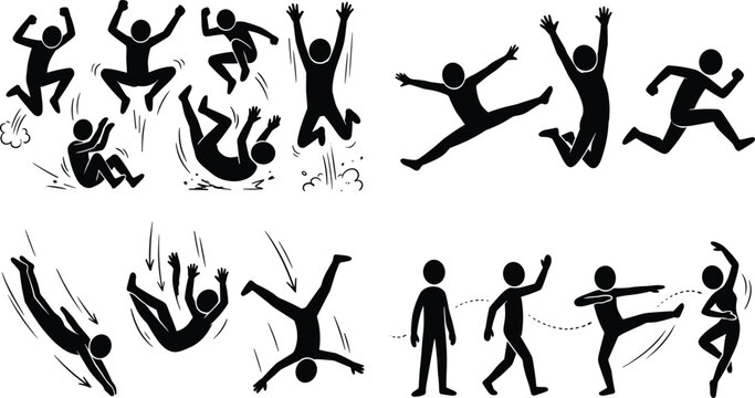 Dynamic stick figure silhouettes showing jumping falling running and action poses vector set for motion and activity illustration