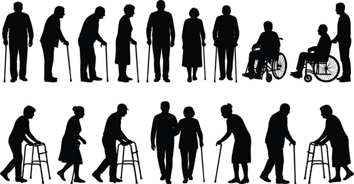 Elderly people silhouettes collection seniors with canes walkers and wheelchair mobility assistance isolated on white background