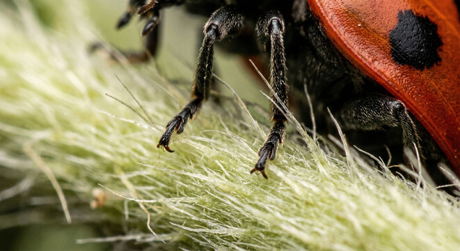 An extreme macro photograph focusing on the ladybug&rsquo;s tiny, jointed legs as they grip a hairy plant stem. The shot highlights the fine sensory hairs and the microscopic claws at the tips of its feet. 