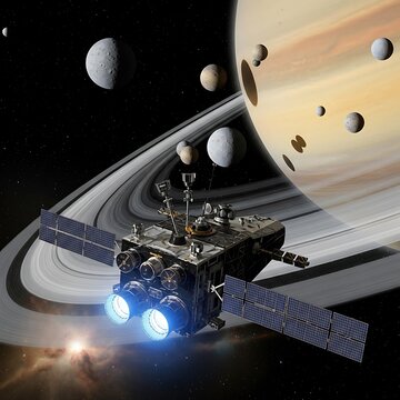 Spacecraft Exploring Saturn and its Moons - A Journey Through the Cosmos.