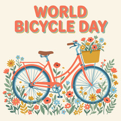 Fototapeta premium World Bicycle Day colorful illustration of bike with flowers