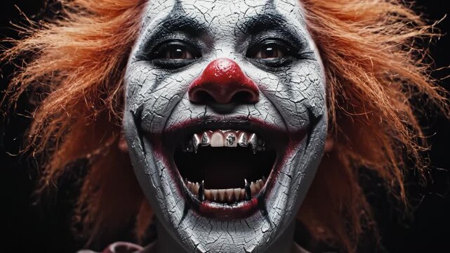 Closeup of a clown with cracked makeup symbolizing conceptual art and dynamic energy