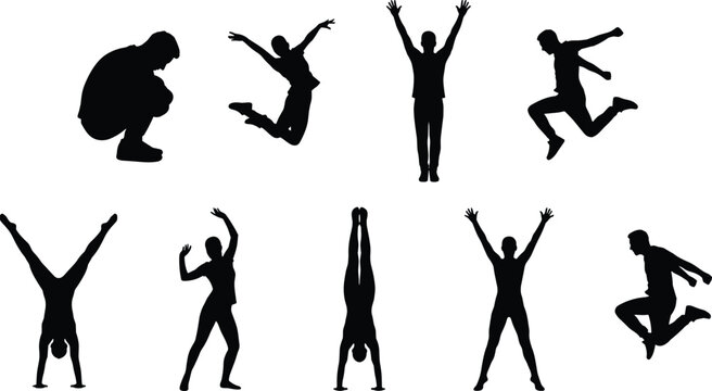 Human silhouettes set with jumping handstand squatting and dancing poses dynamic fitness and active lifestyle vector collection