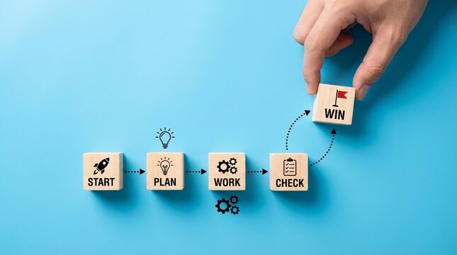 Business strategy concept visualized with wooden blocks in a linear sequence start with a rocket plan with a lightbulb work with gears check with a clipboard and finally win