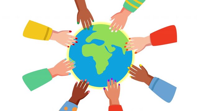 World children's day animated diverse kids hands touching glowing globe on white background. Multicultural unity flat design motion graphic social media