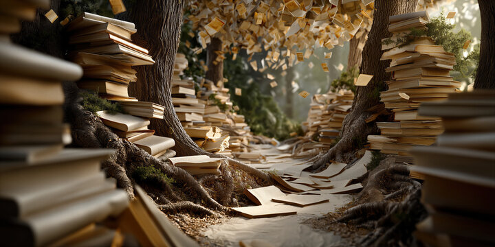 Books cascade into winding aisles. Sheets drift beneath mossy roots along pathway