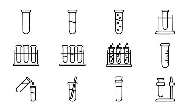 Minimal outline laboratory test tube icons for science research and chemistry experiments vector illustration