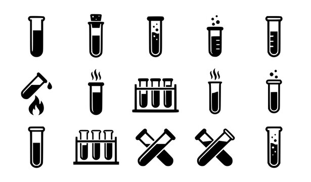 Black silhouette laboratory test tube icon set for science research and chemical testing vector illustration