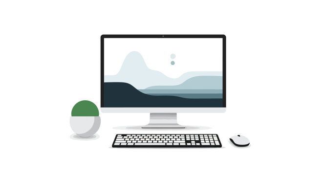 Modern desktop computer setup with monitor, keyboard, mouse, and plant in a flat design illustration.