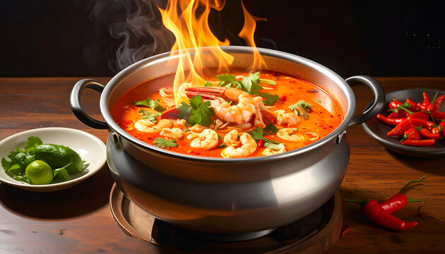 Fiery Tom Yum Goong Soup with Shrimp and Vegetables.