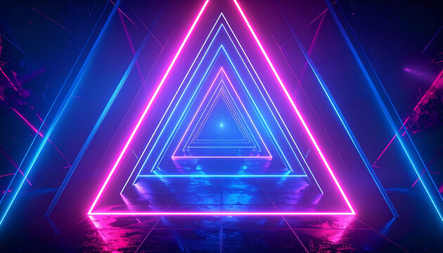 Abstract Neon Triangle Tunnel with Pink and Blue Lights.
