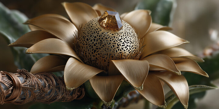 Complex botanical art with luminous crest and detailed perforations in gentle ambient illumination