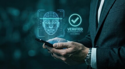 Obraz premium Hands interact with a holographic display showing a cybersecurity shield with facial recognition and an access granted alert.