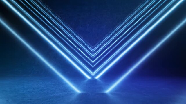 Blue neon light beams forming a V shape for creative digital media and visual arts