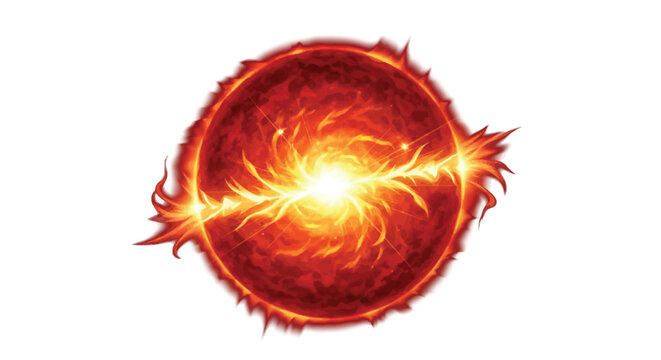Stylized illustration of a fiery red energy orb exploding with a bright, glowing core and spiky flares.